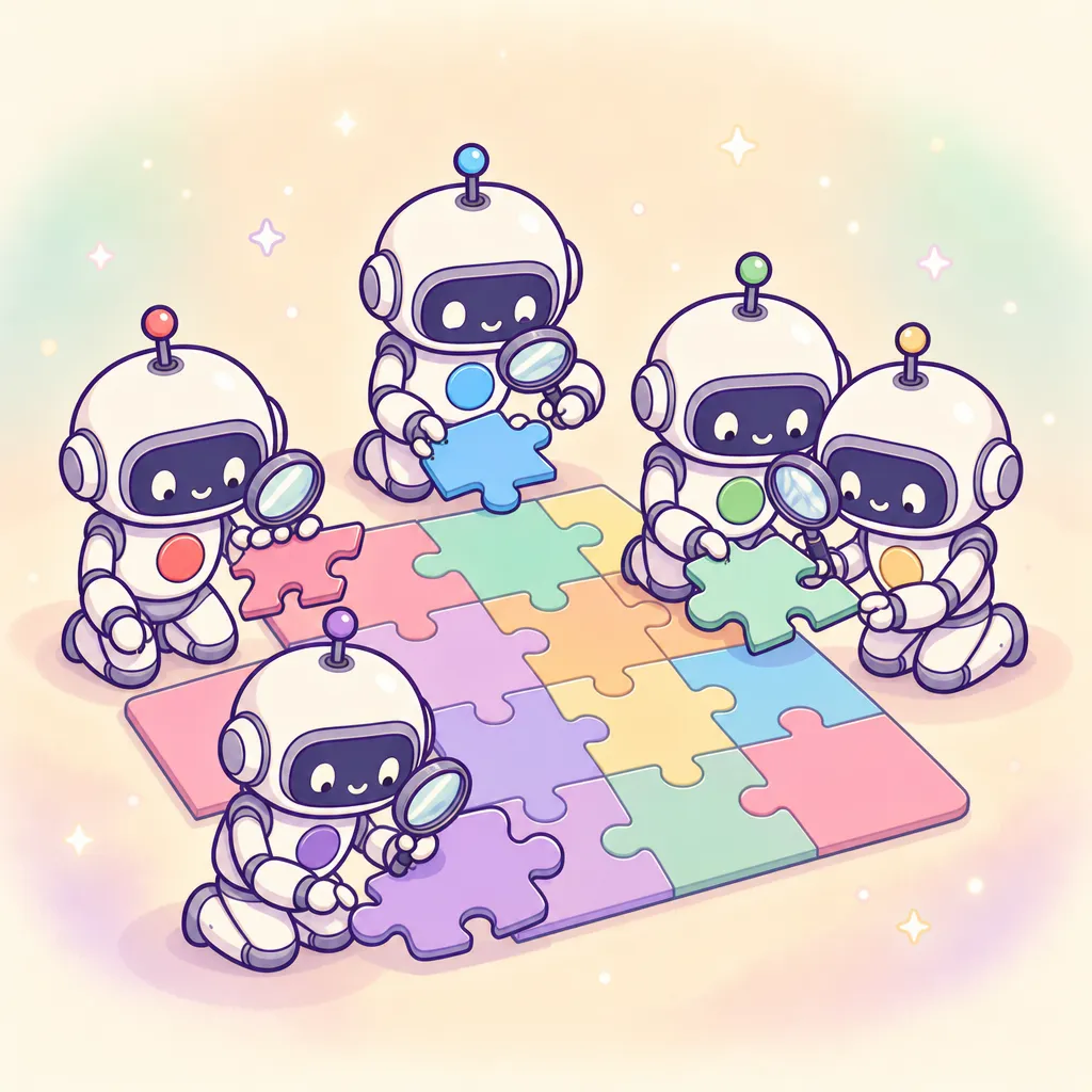 가슴에 서로 다른 색 배지를 단 로봇들이 바닥에 펼친 큰 퍼즐 둘레에 앉아, 저마다 다른 조각을 돋보기로 살펴본다 (GPT 이미지 생성)