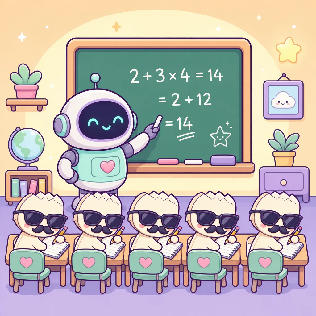 칠판에 문제를 푸는 로봇 선생님과, 선글라스·가짜 수염으로 변장하고 몰래 받아 적는 똑같은 학생들 (GPT 이미지 생성)
