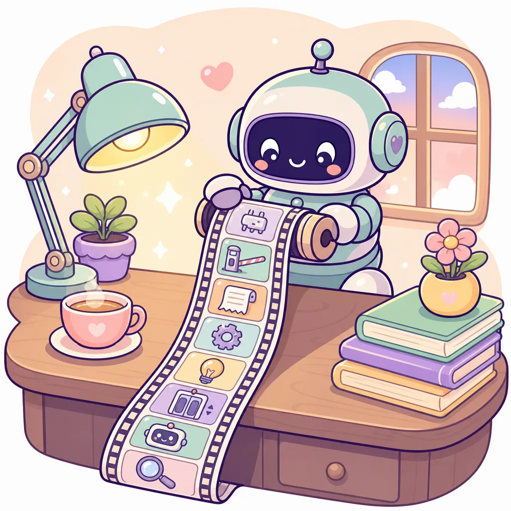 작은 그림 칸이 길게 이어진 필름 두루마리를 책상 위에서 감고 있는 로봇 (GPT 이미지 생성)