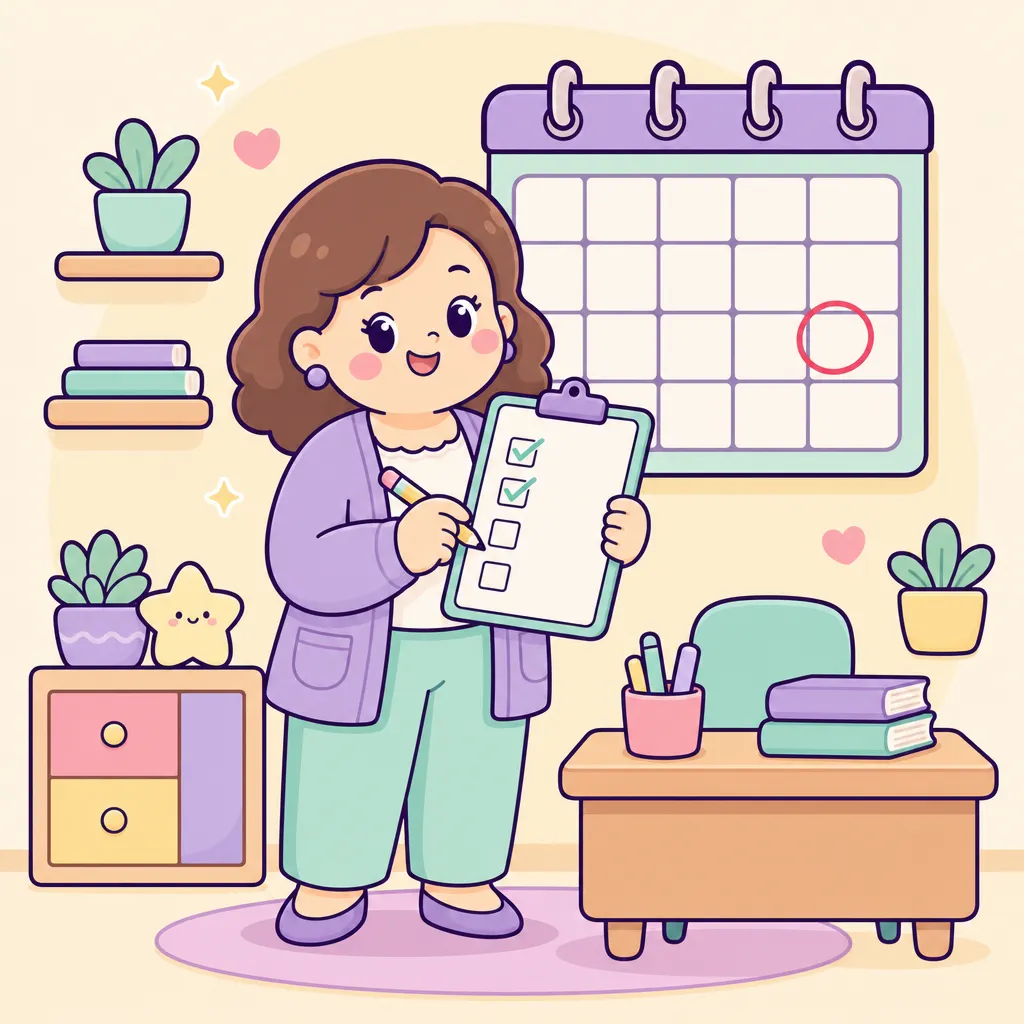 달력에 표시한 날짜 앞에서 수업 계획 체크리스트를 하나씩 점검하는 선생님 — 9일 전 점검 (GPT 이미지 생성)