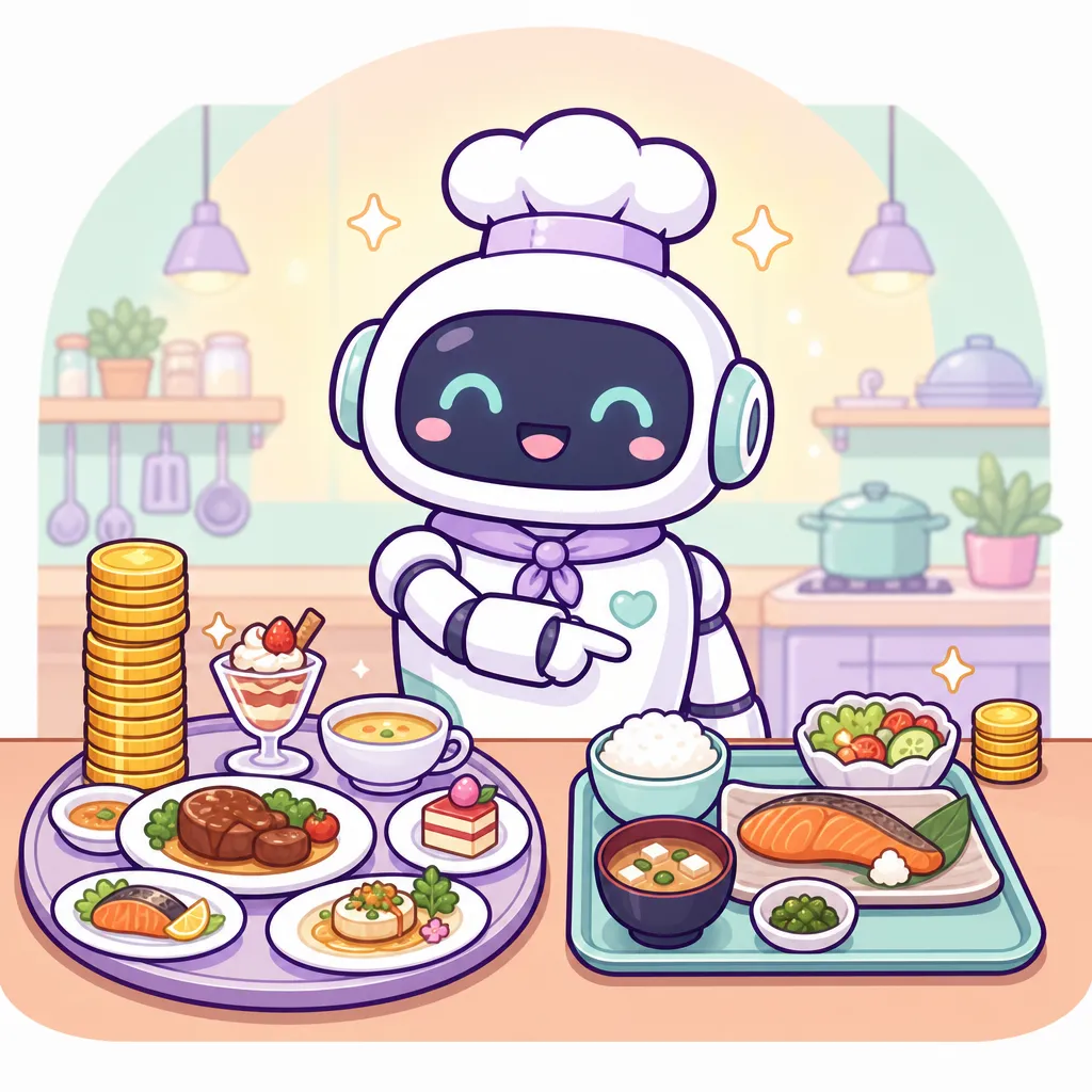 같은 셰프 로봇이 차린 저녁 코스와 점심 정식, 옆에 쌓인 동전 높이가 다르다 (GPT 이미지 생성)
