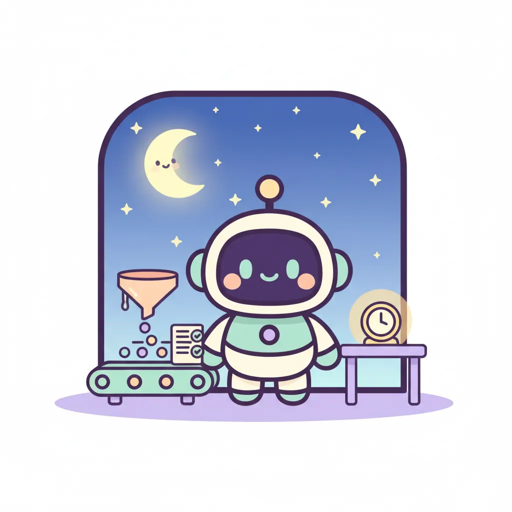 달이 뜬 창가에서 깔때기로 받은 점을 문서로 바꾸는 로봇 — 새벽 콘텐츠 공장 (AI 이미지 생성)