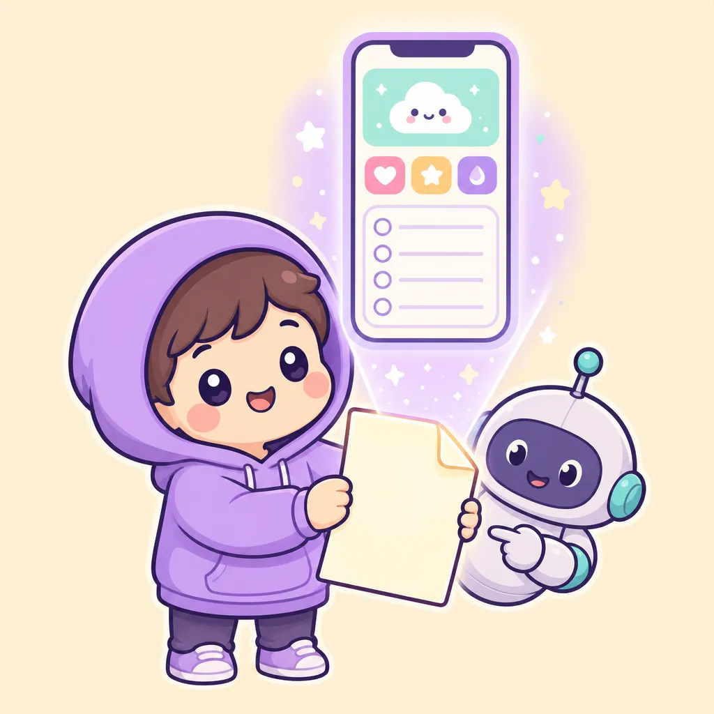 종이 한 장을 들자 그 위로 앱 화면이 떠오르는 캐릭터 (GPT 이미지 생성)