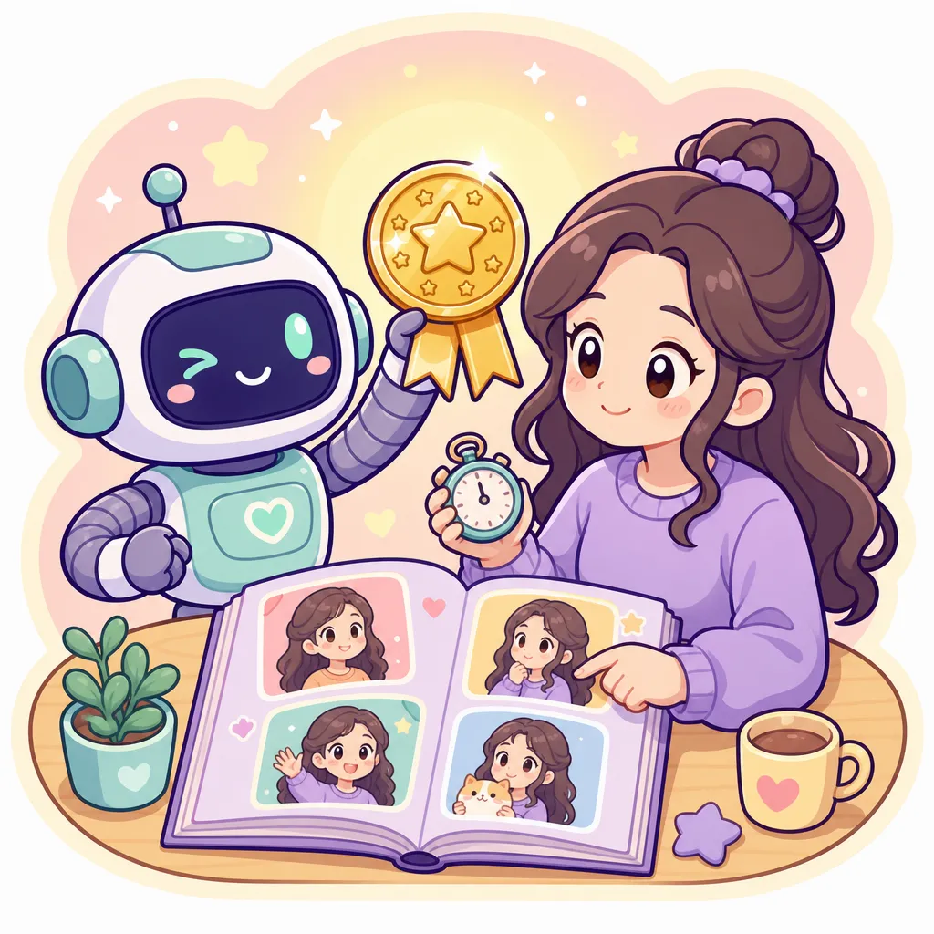 로봇이 별 메달을 들어 보이는 옆에서, 사람이 자기 사진첩과 초시계로 직접 재 보는 장면 — 회사 점수와 내 자료로 잰 결과 (GPT 이미지 생성)