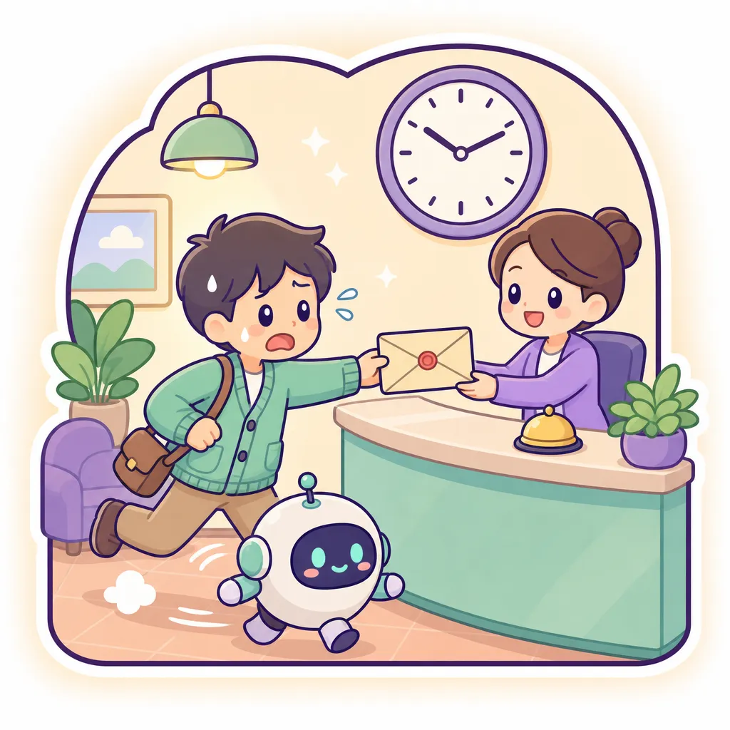주인과 로봇이 벽시계 아래 접수 창구에 바로 봉투를 건네는 장면 — ‘정해진 창구에, 정해진 기한 안에’의 비유 (GPT 이미지 생성)