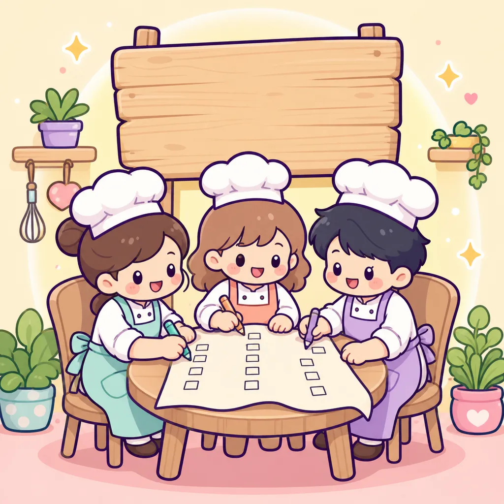앞치마 색이 다른 요리사 셋이 아직 아무것도 안 적힌 간판 아래에서 점검표 한 장을 같이 쓰는 장면 — 공유 평가 기준을 함께 만드는 세 회사의 비유 (GPT 이미지 생성)