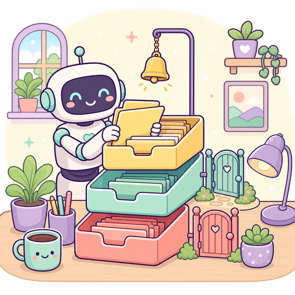 노랑·민트·빨강 세 칸 서류함에 작은 로봇이 서류철을 나눠 넣고, 노랑 칸 위에는 벨이, 옆에는 작은 문들이 서 있다 (GPT 이미지 생성)