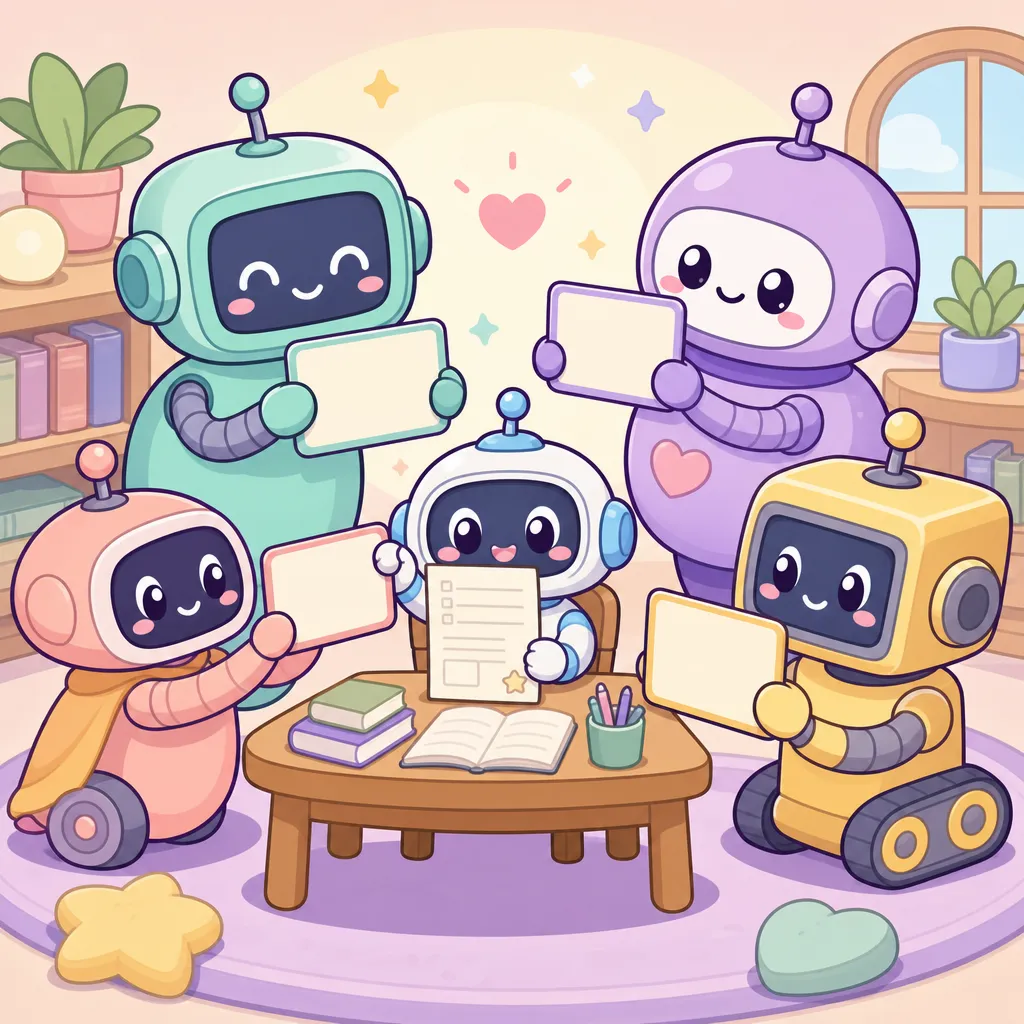 숙제 한 장을 든 작은 학생 로봇 둘레에서, 서로 다른 색의 선생님 로봇 넷이 저마다 답 카드를 들어 보이는 공부방 (GPT 이미지 생성)