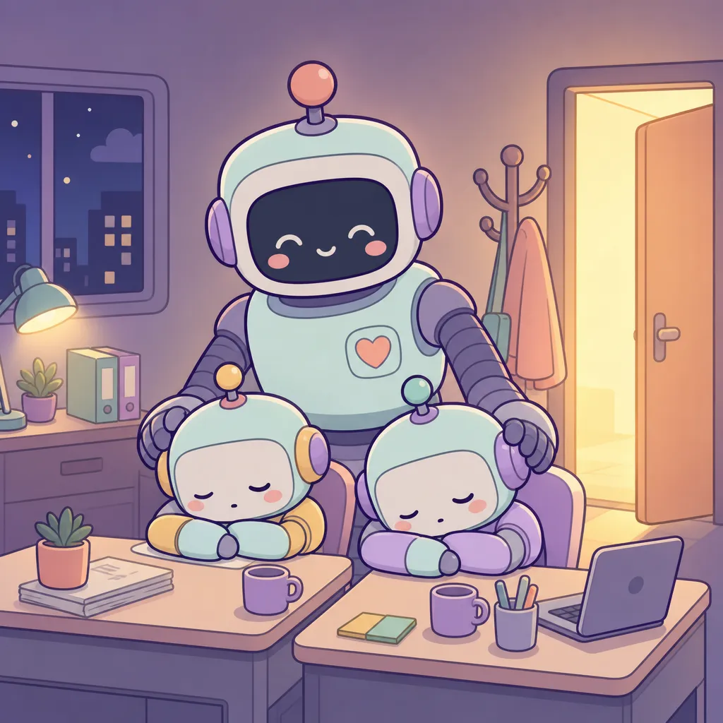 큰 로봇이 책상에서 졸던 작은 로봇들을 깨워 함께 퇴근하려 한다 (GPT 이미지 생성)