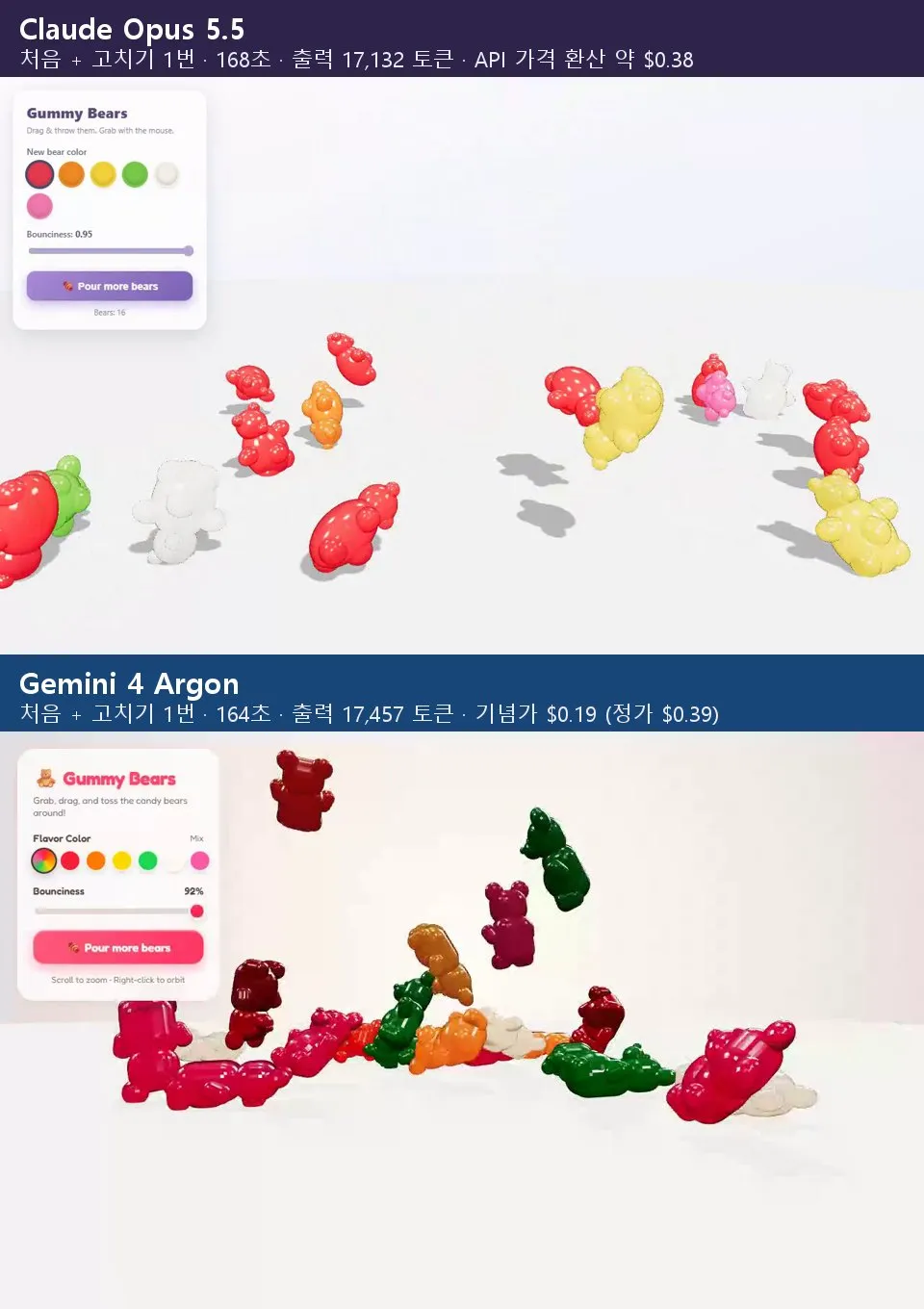 녹화 8초 지점의 같은 순간 — 오퍼스 5.5는 밝은 배경에 흩어진 곰, 아르곤은 분홍빛 배경에 쌓인 곰 (직접 캡처)