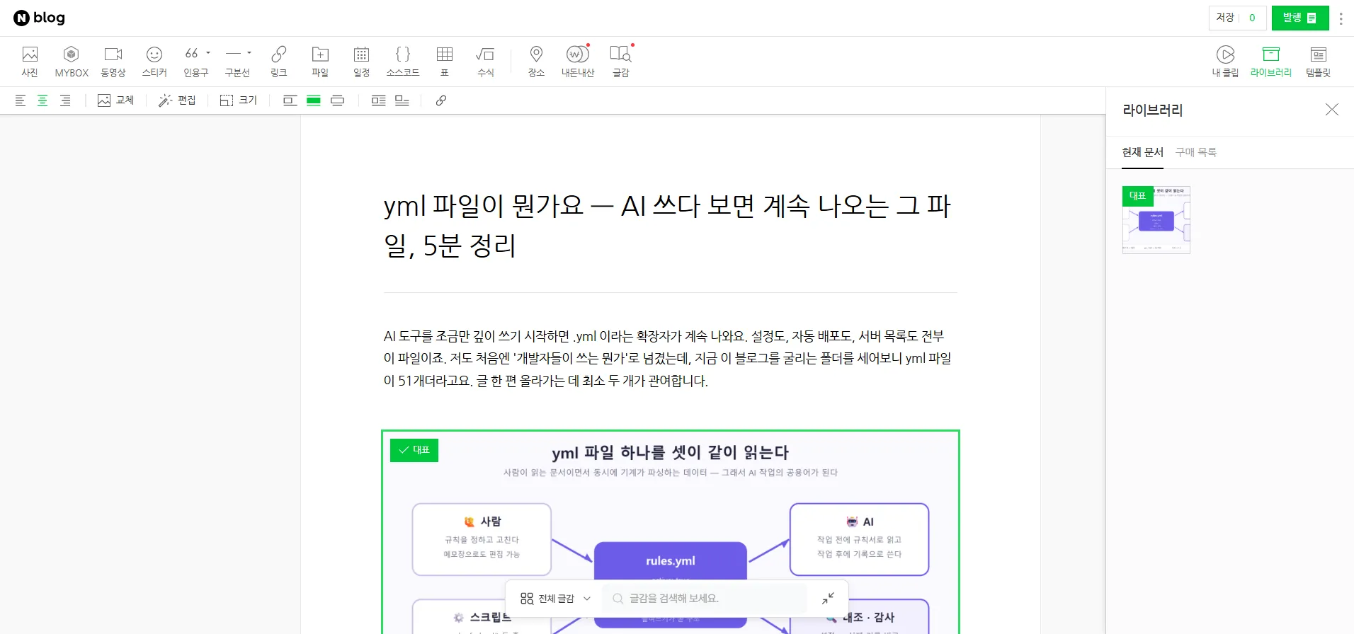 Playwright가 네이버 에디터에 글을 쓰고 있는 순간 — 제목과 그림이 코드로 입력된 상태 (직접 캡처)