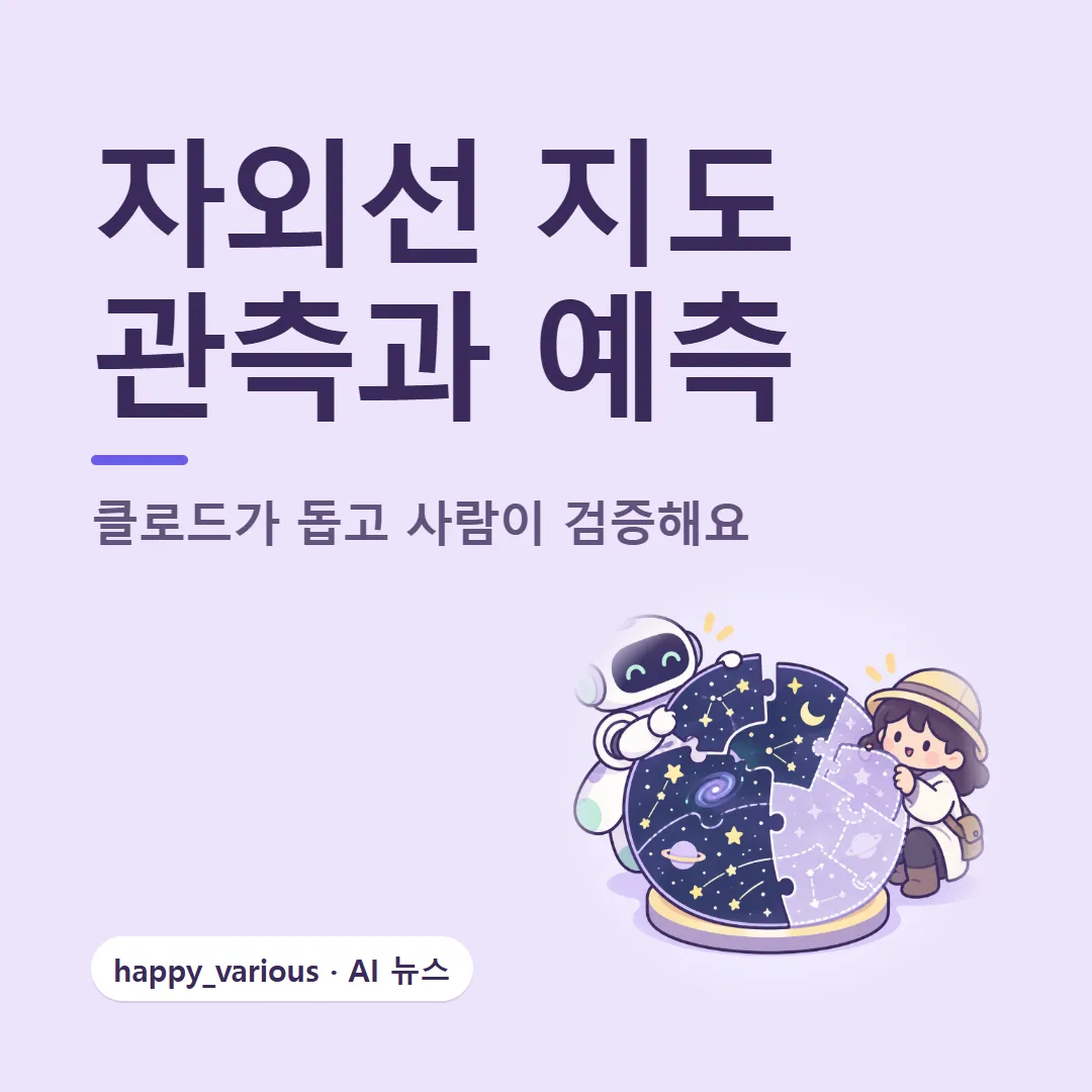 클로드 사이언스 자외선 지도 — 관측과 예측을 구분해요 (캐릭터는 GPT 이미지 생성)