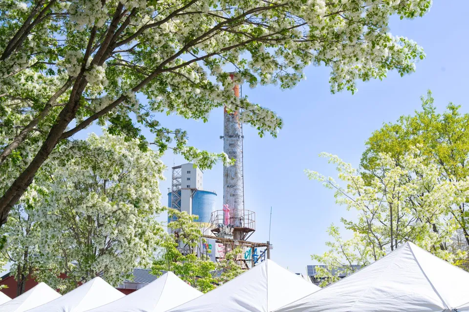 八福藝術工廠 — 從李花樹間望見的工廠煙囪與設施（2025年5月）