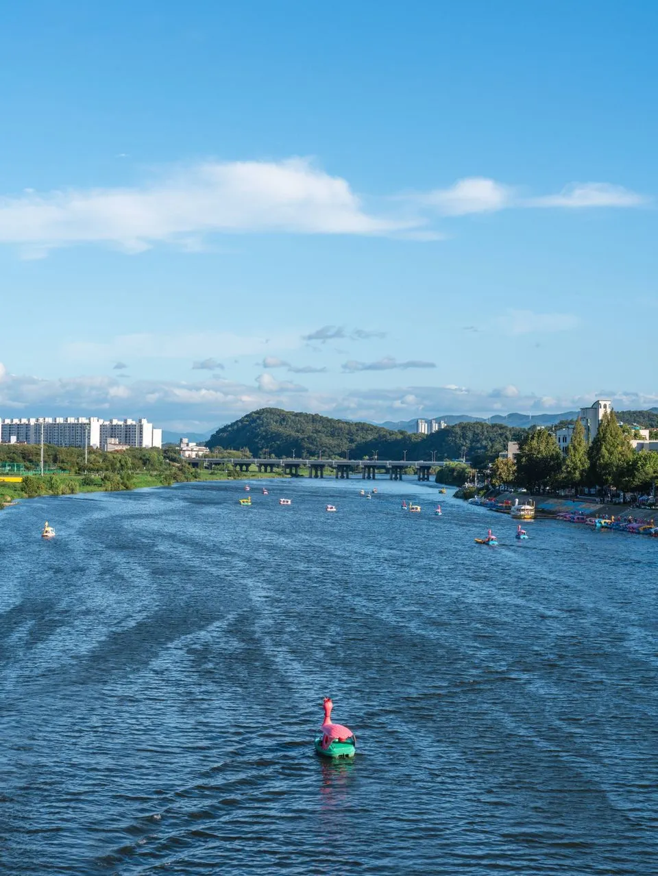 東村遊園地 — 可見錦湖江與鴨船的河畔景色（2025年9月）