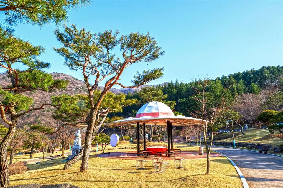 直指文化公園 — 松樹與步道相映成趣的公園休憩區（2021年3月）