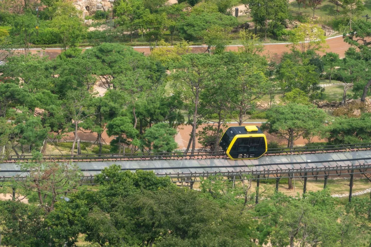 華蓋庭園 — 行駛於松樹之間的單軌列車（2024年8月）（照片：韓國觀光公社觀光照片庫・攝影 정규진・公共授權第1類）