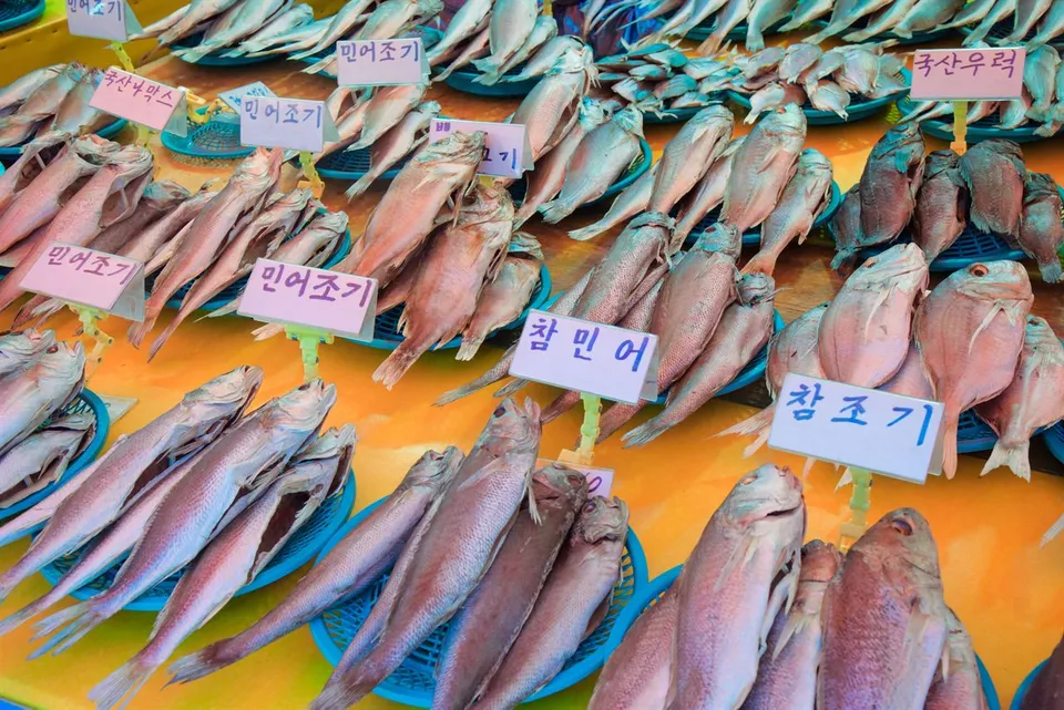 札嘎其市場 — 插著名牌陳列的鮮魚（2018年10月）