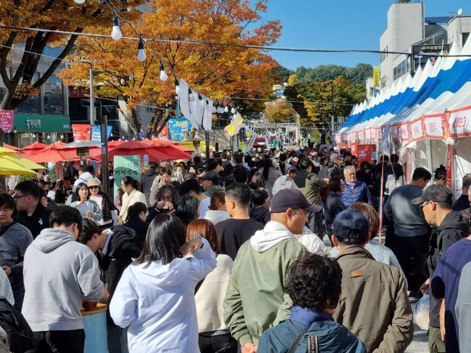 往屆活動白天 — 楓紅街道上的麵食攤位前擠滿人潮（照片：韓國觀光公社・公共授權第3類）